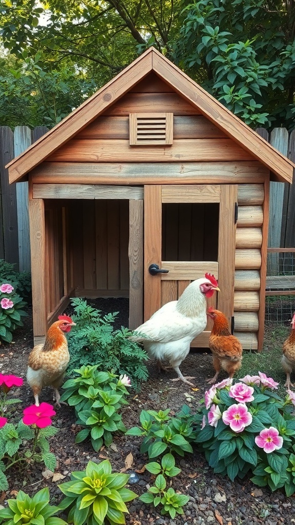 A wooden chicken coop with chickens and colorful flowers in the garden.