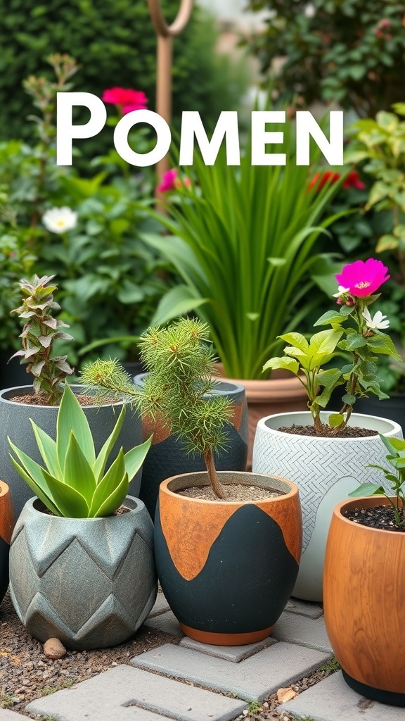 A variety of eco-friendly planters made from recycled materials, showcasing different designs and plants.