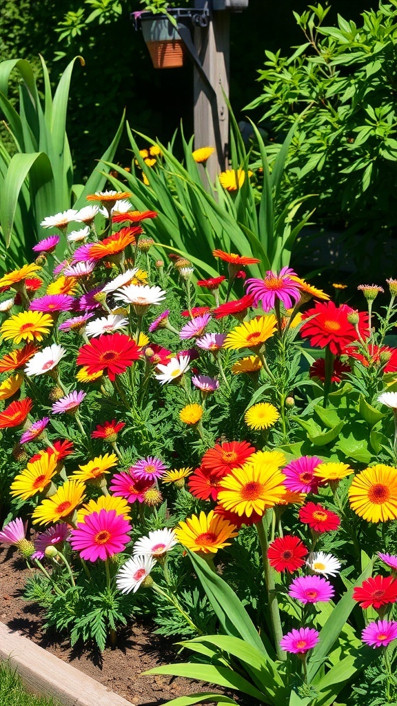 A colorful garden bed filled with various edible flowers.