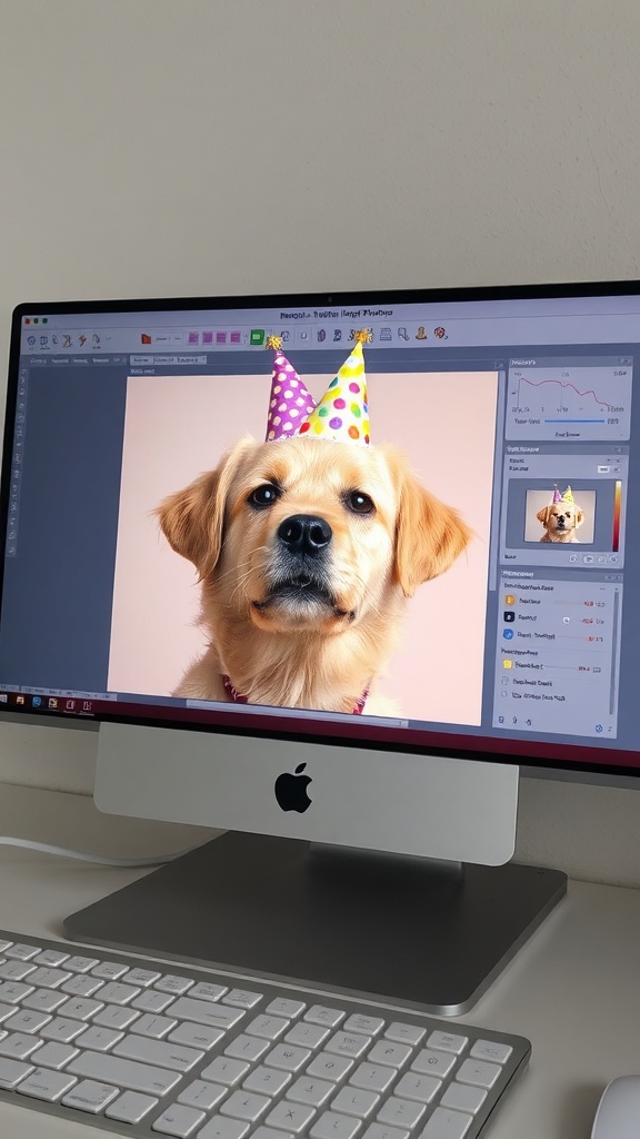 A computer screen displaying a photo of a dog wearing a birthday hat, with editing software open.