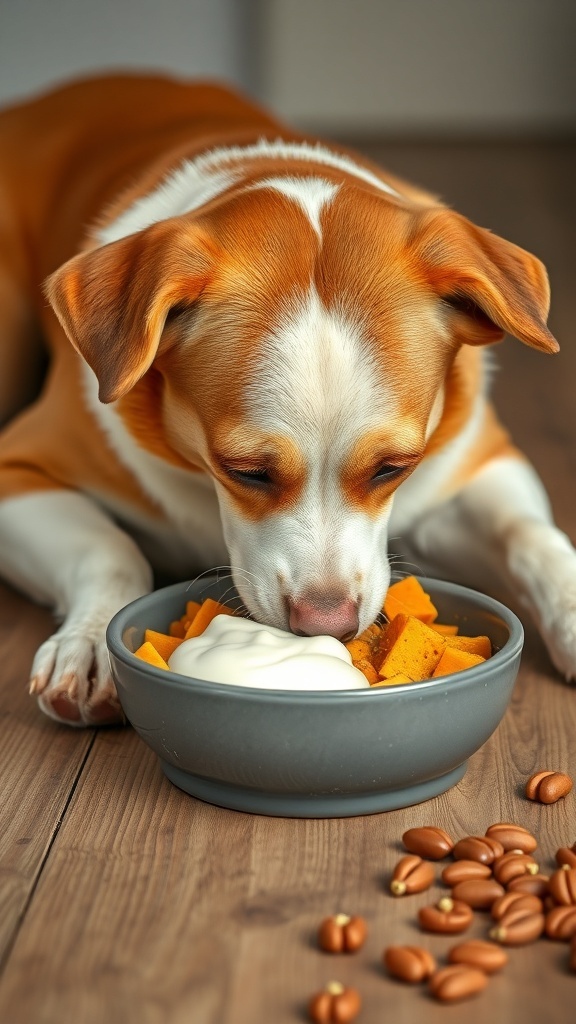 A dog enjoying a bowl of pumpkin and yogurt, a remedy for digestive issues.