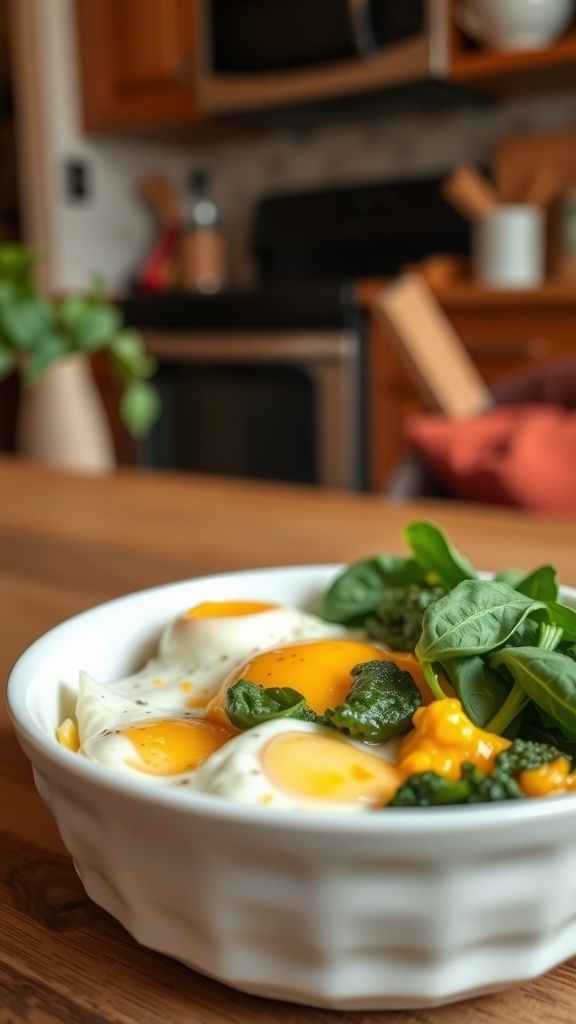 A bowl filled with eggs, spinach, and carrots on a wooden table.