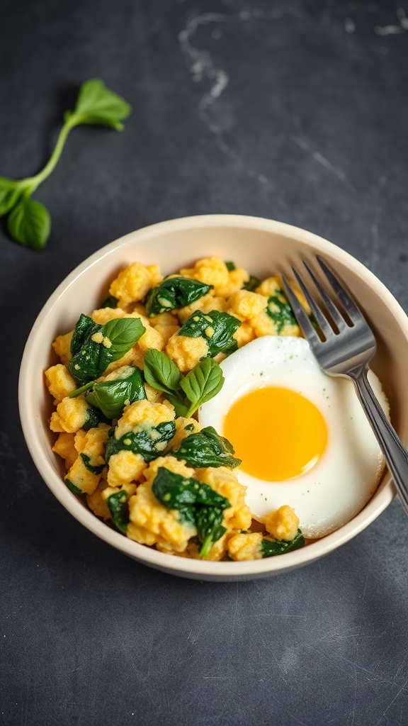 A bowl of egg and spinach scramble for dogs, featuring fluffy scrambled eggs mixed with fresh spinach and a sunny-side-up egg on top.