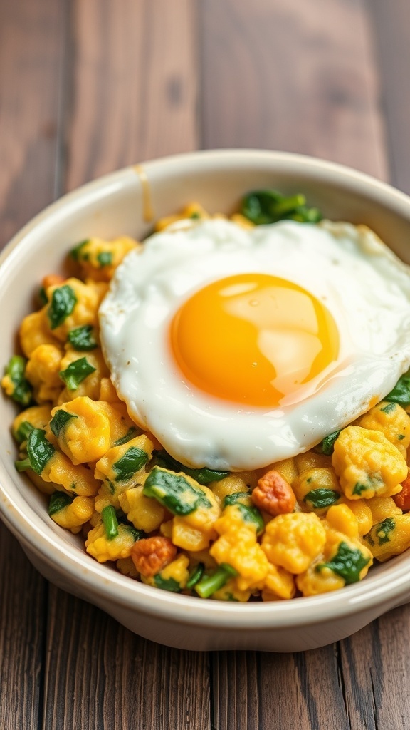 A bowl of egg and spinach scramble topped with a sunny-side-up egg, showcasing a healthy meal for dogs.
