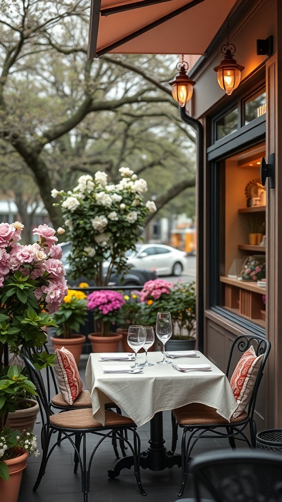 A cozy bistro set with a round table and two chairs, surrounded by colorful flowers in pots.