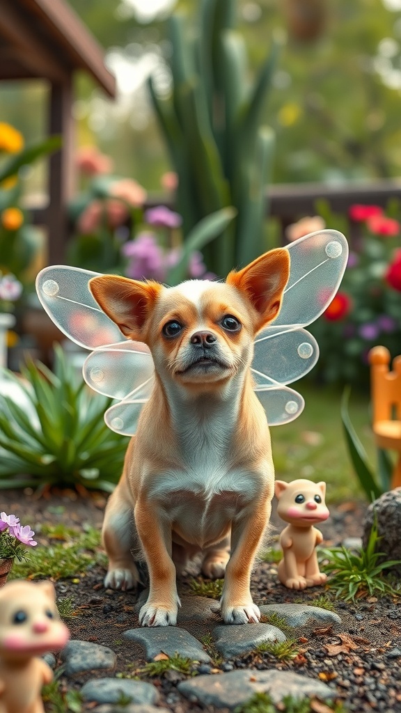 A small dog with fairy wings sitting in a colorful garden surrounded by flowers and playful figurines.