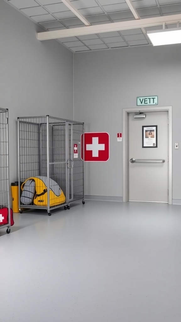 Emergency protocols area in a dog boarding facility with cages and vet access door.