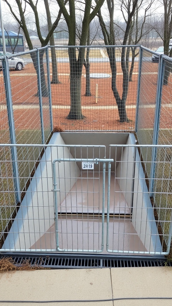 A fenced dog run with a sloped design and drainage system.