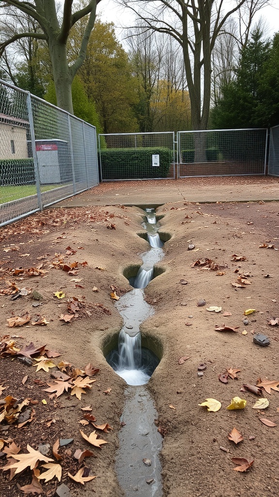 A well-designed drainage system in an outdoor dog area, showing water flowing through channels surrounded by leaves.