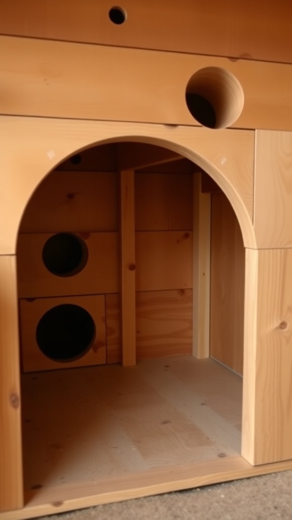 Interior view of a wooden dog house with ventilation holes and a cozy design.