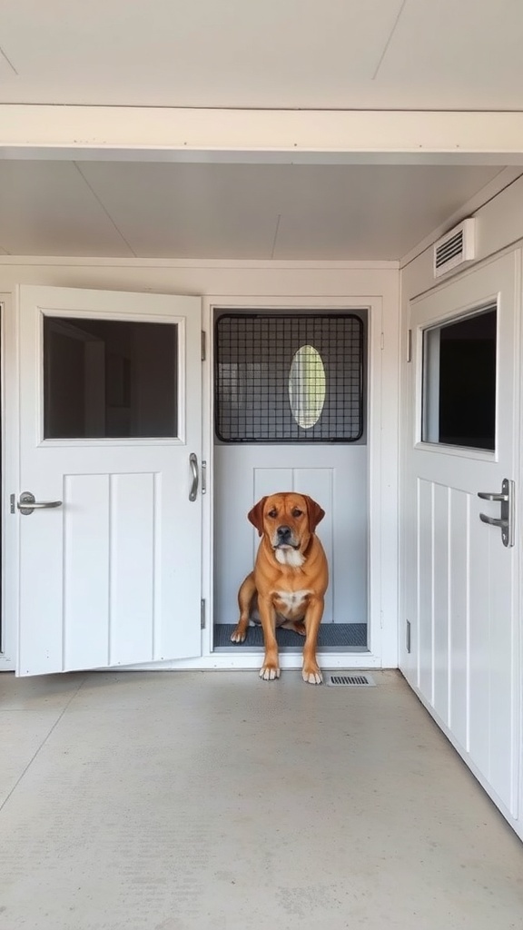 A dog sitting at the entrance of a well-ventilated kennel with mesh screen and open door.