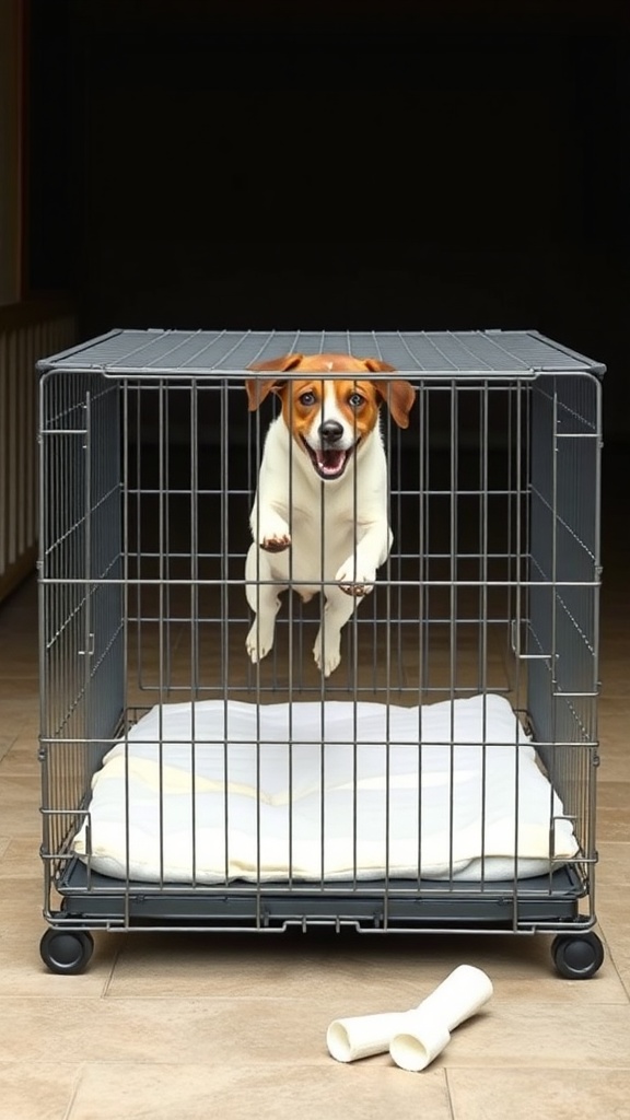 A happy dog jumping in a well-constructed crate with a soft mat inside.