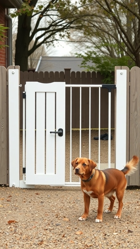 A sturdy DIY dog gate with a brown dog standing in front of it.