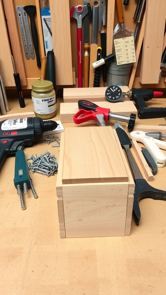 A workspace with various tools and materials for building a dog crate, including wood pieces, screws, and a drill.
