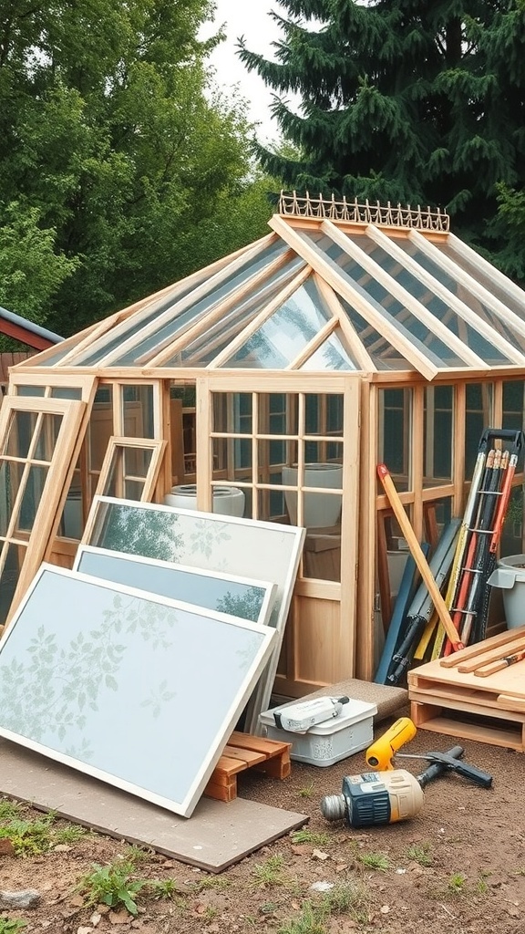 A partially constructed greenhouse with wooden frames and glass panels, surrounded by tools and materials.