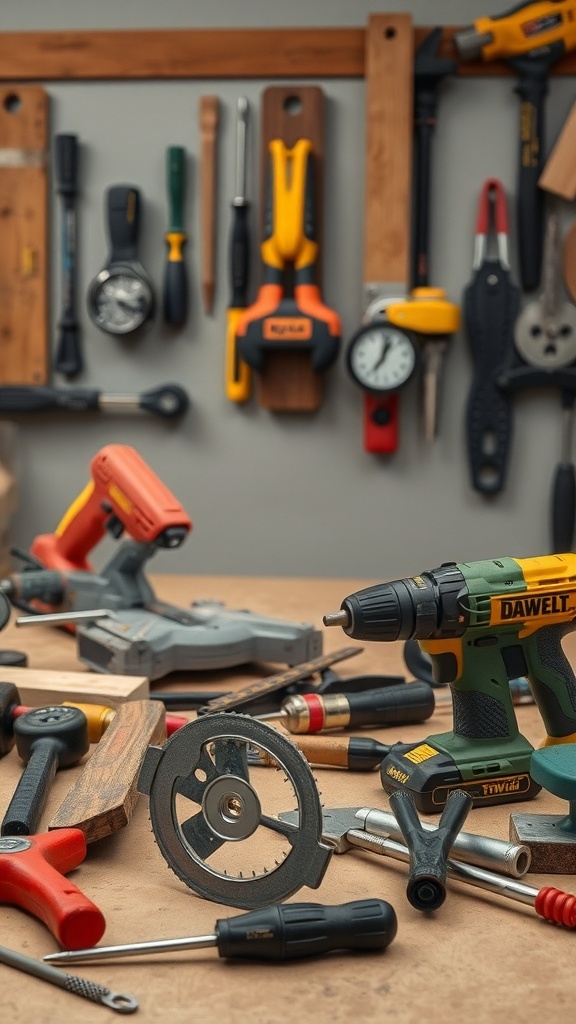 A collection of tools on a workbench, including a drill, clamps, measuring tools, and saws, ready for building a dog gate.
