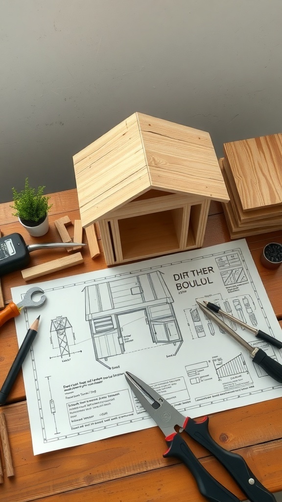 Blueprints and tools for building a homemade dog house