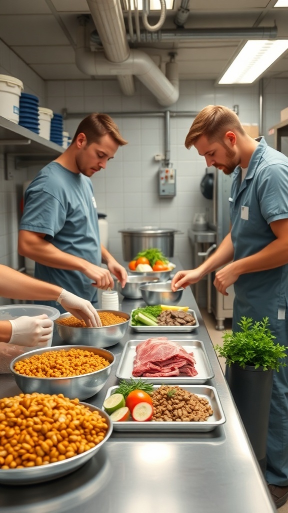 Two staff members preparing dog food in a clean kitchen with organized food containers.