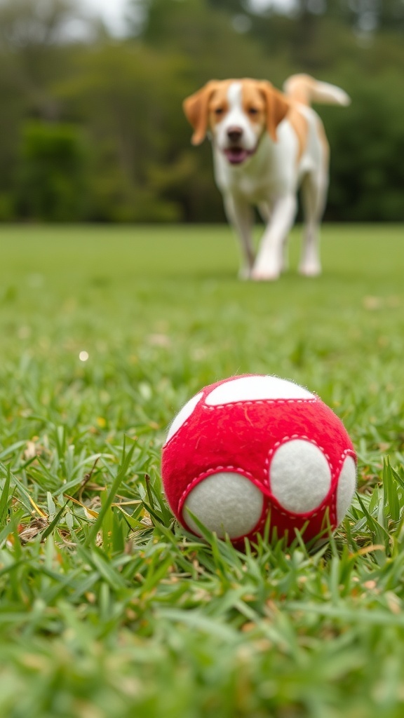 A red felt ball with white spots on the grass, with a dog running towards it.