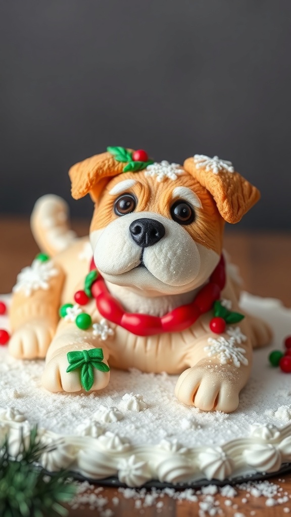 A festive holiday cake designed to look like a cute dog, decorated with fondant and festive elements.