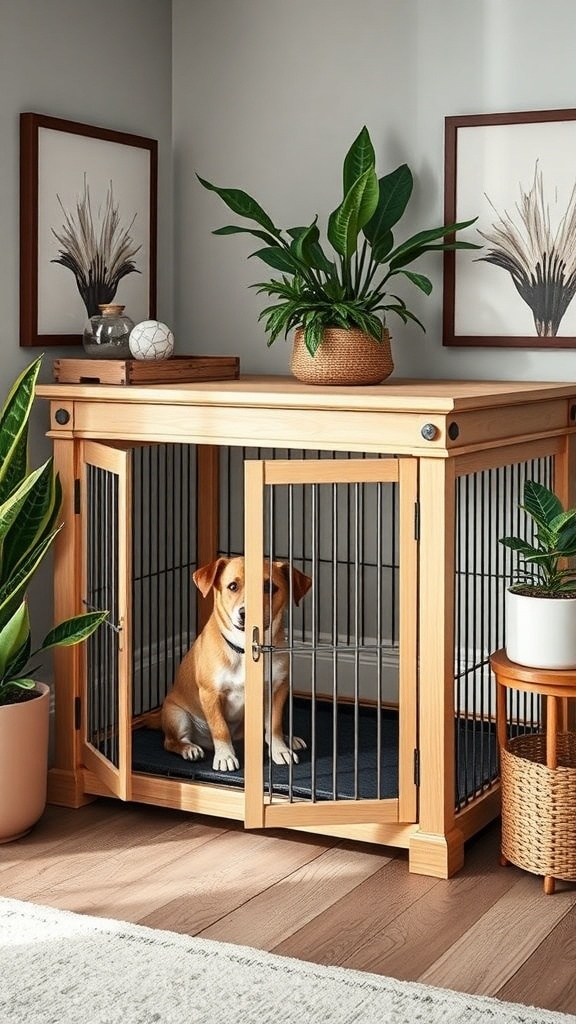 A stylish dog crate made of wood with a dog inside, surrounded by plants and decorative elements.