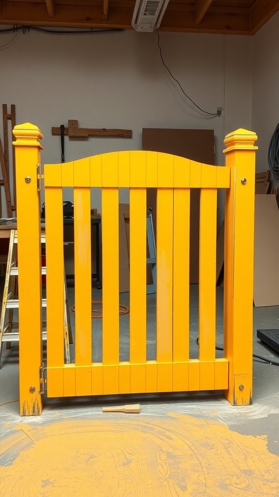 A bright yellow DIY dog gate with a smooth finish, ready for installation.