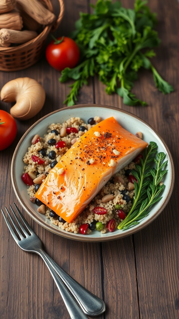 A plate of salmon on quinoa with mixed beans and fresh herbs.