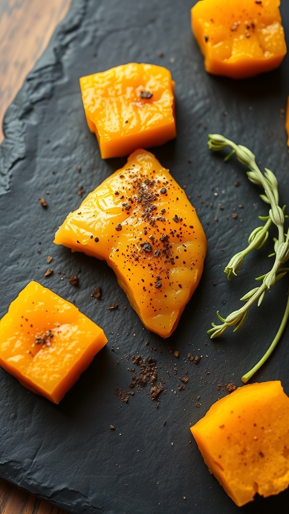 Cooked sweet potato pieces on a slate board, seasoned with herbs.