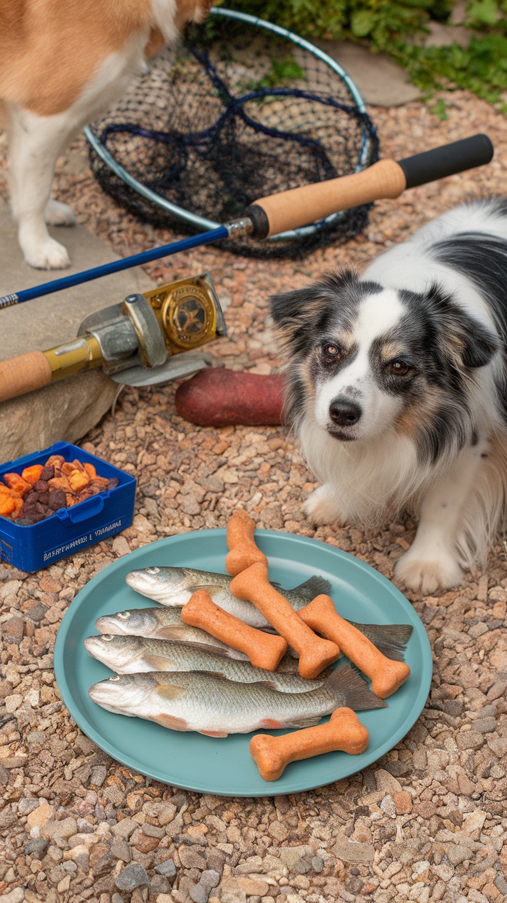 A plate with a fish and diced sweet potatoes, with a dog looking on.