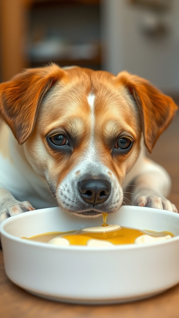 A dog enjoying a meal topped with fish oil, looking happy and eager.