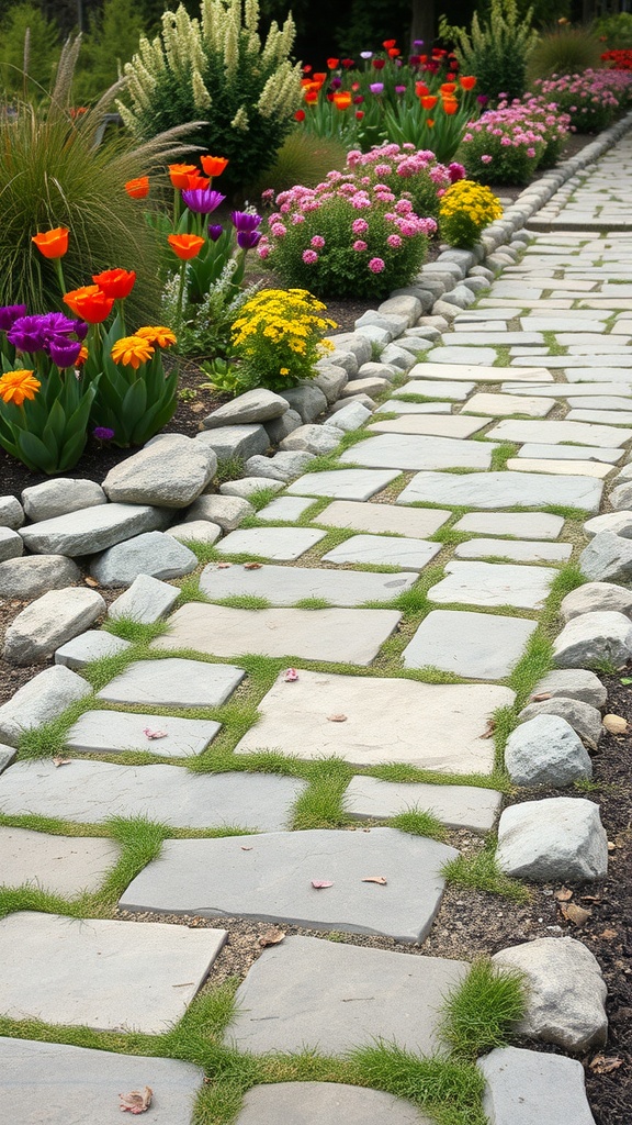 A flagstone pathway bordered by smooth stones and colorful flowers in a garden.