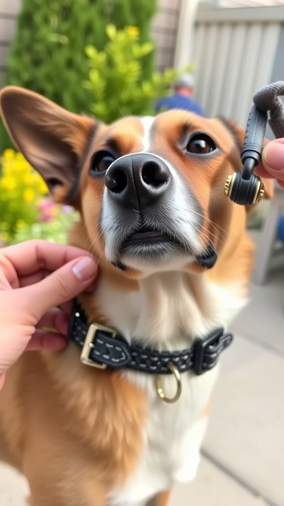 A dog with a black flea collar being petted by a person