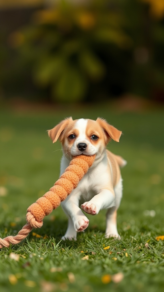 A playful puppy running with a fleece tug-of-war toy in its mouth.