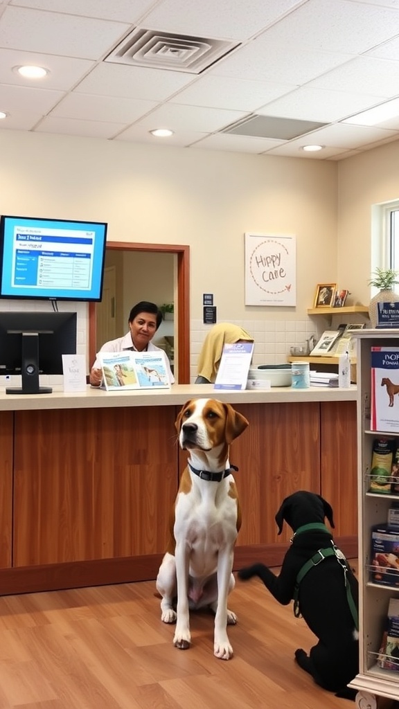 A dog boarding facility reception area with staff assisting a customer.