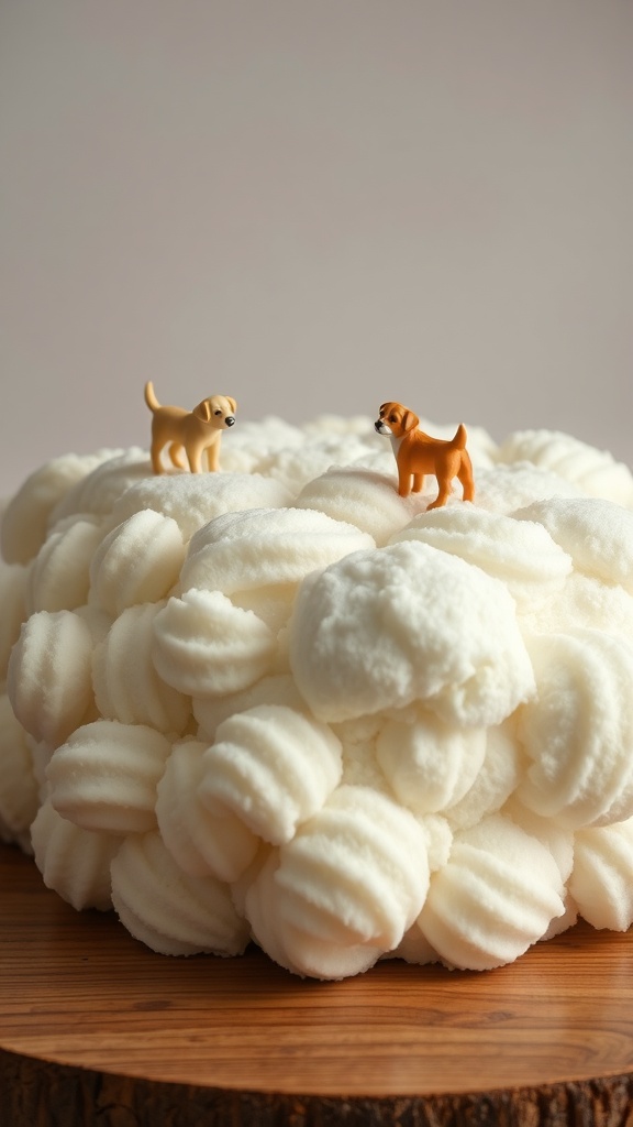 A fluffy cloud cake decorated with dog figurines on top.