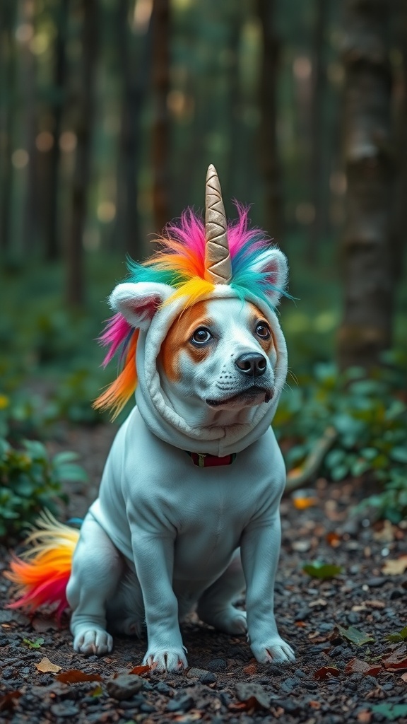 A dog wearing a fluffy unicorn costume with a colorful mane and horn, sitting in a forest.