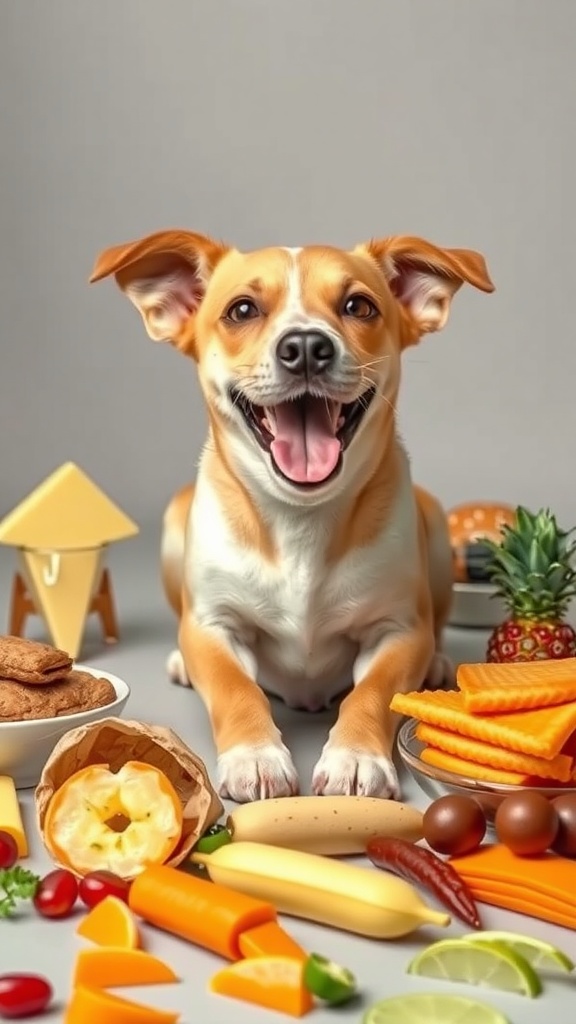 A happy dog sitting among various colorful fruits, vegetables, and snacks.