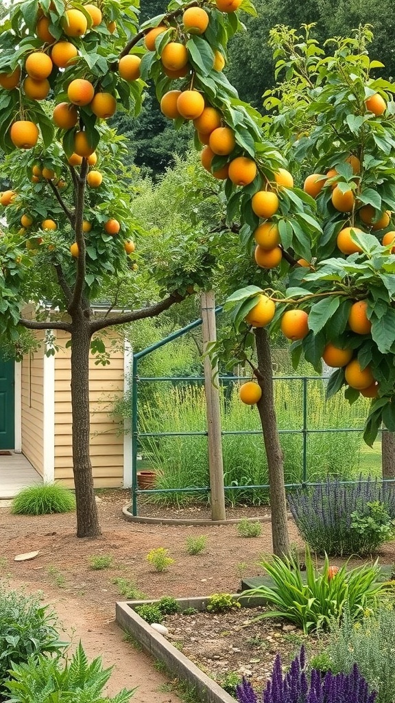 A backyard garden featuring orange trees laden with fruit, surrounded by green plants and a cozy cottage.
