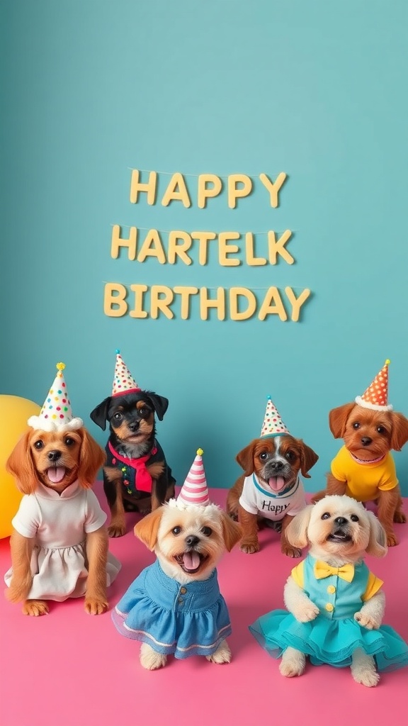 A group of dogs wearing colorful outfits and party hats for a birthday celebration.