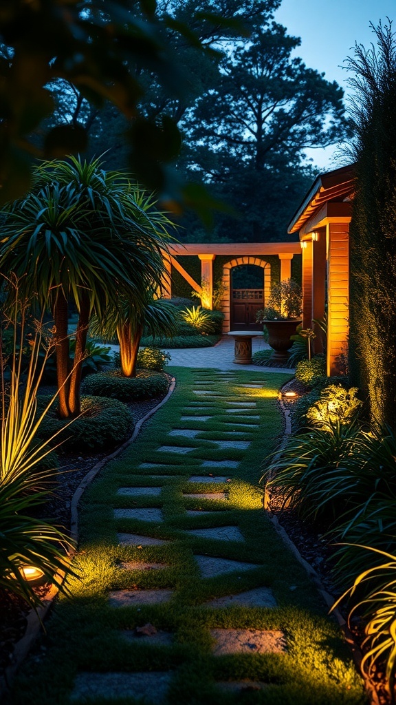 A beautifully lit garden pathway with soft lights illuminating the stones and grass, surrounded by lush greenery and plants.