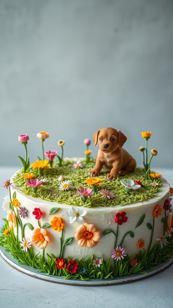 A beautifully decorated dog cake with a puppy figurine and colorful flowers.