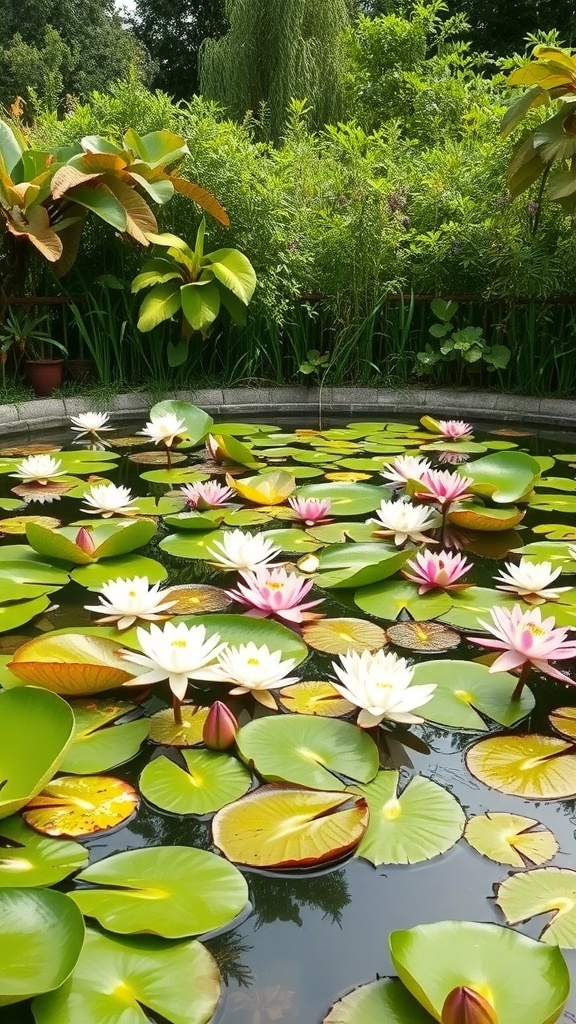 A serene garden pond filled with vibrant water lilies and surrounded by lush greenery.