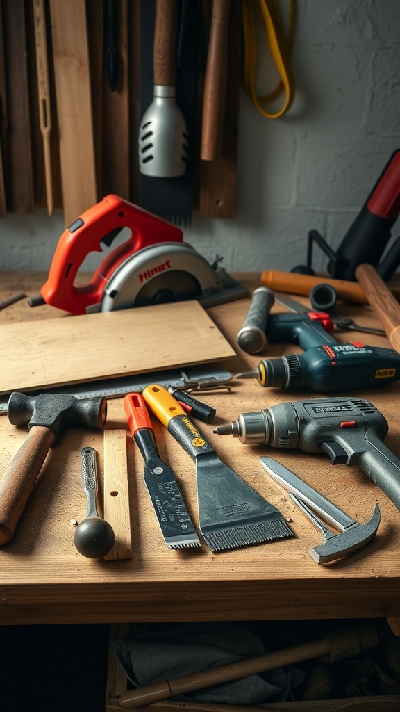 A variety of tools laid out on a workbench, including a saw, hammer, and drill.