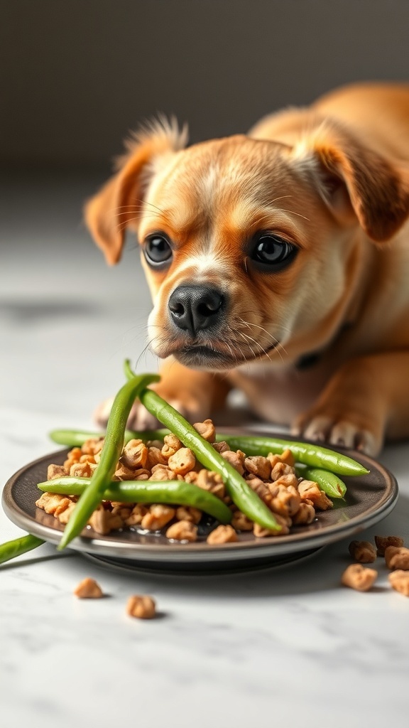 A cute dog looking at a plate of green bean and rice meal topper.