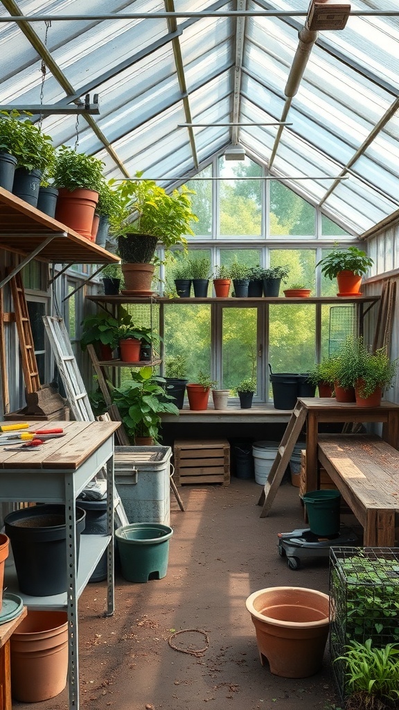 Interior of a backyard greenhouse with various potted plants and a potting bench.