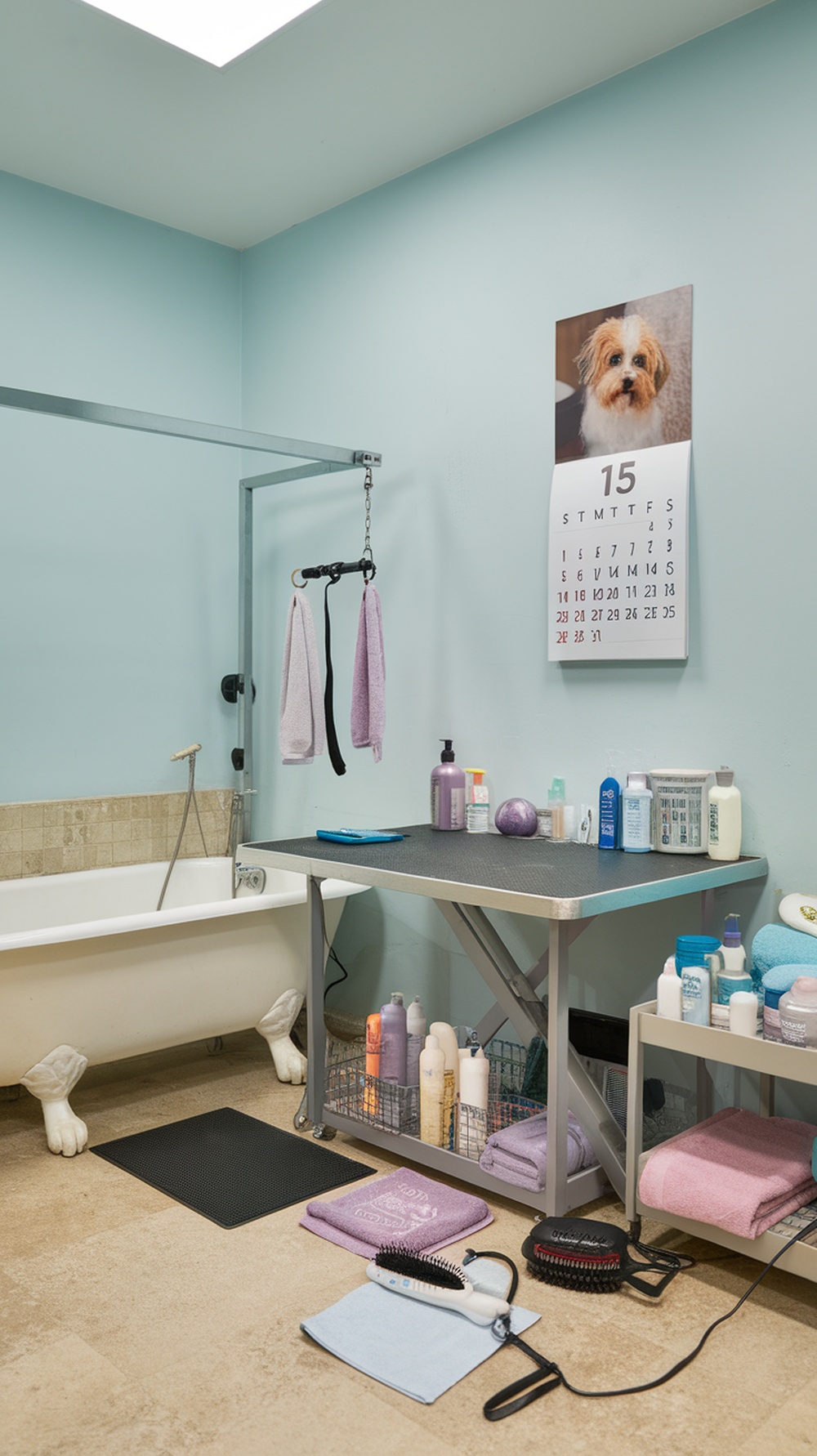 Grooming area in a dog boarding facility with a bathtub, grooming supplies, and towels.