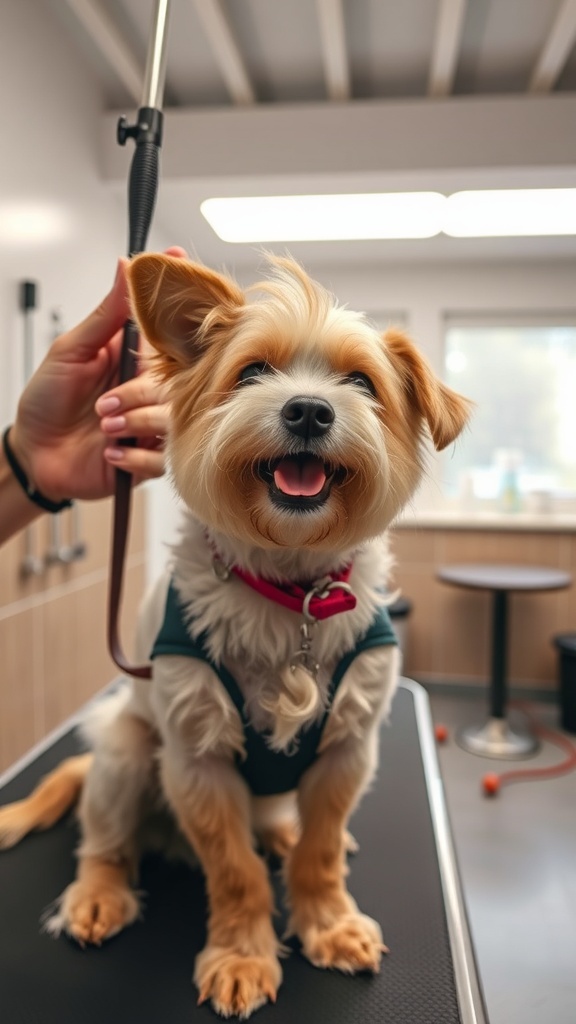 A happy dog being groomed at a dog boarding facility.