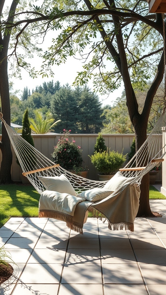 A cozy hammock hanging between two trees in a sunny backyard, with a soft blanket and pillows.