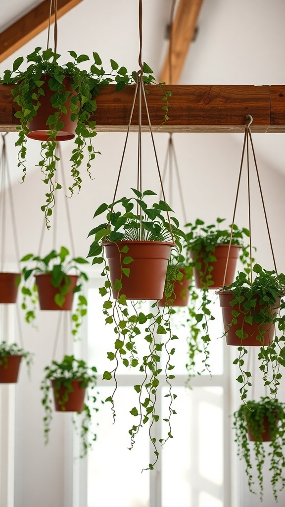 A collection of hanging planters with green plants suspended from a wooden beam.