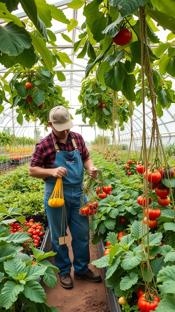 A person harvesting ripe tomatoes in a greenhouse garden